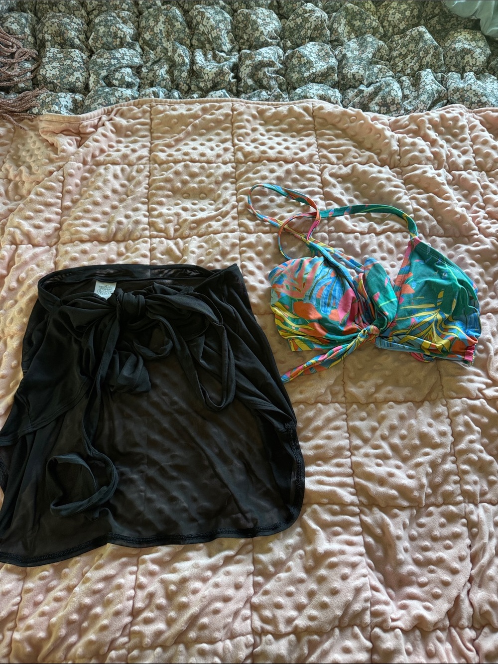 Tropical Tie-Front Bikini Top - Multi Color with Black Wrap Skirt